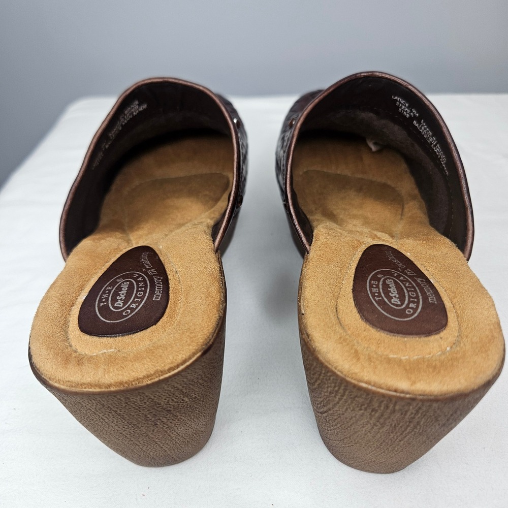 Dr Scholls Lattice Brown Woven Leather Clog Mules Wedge Platform Rhinestone 9M - Picture 2 of 9